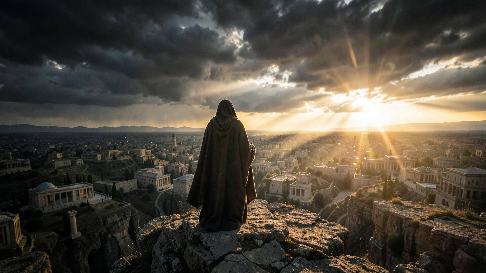 A robed prophet stands on a cliff overlooking an ancient city as golden light breaks through storm clouds
