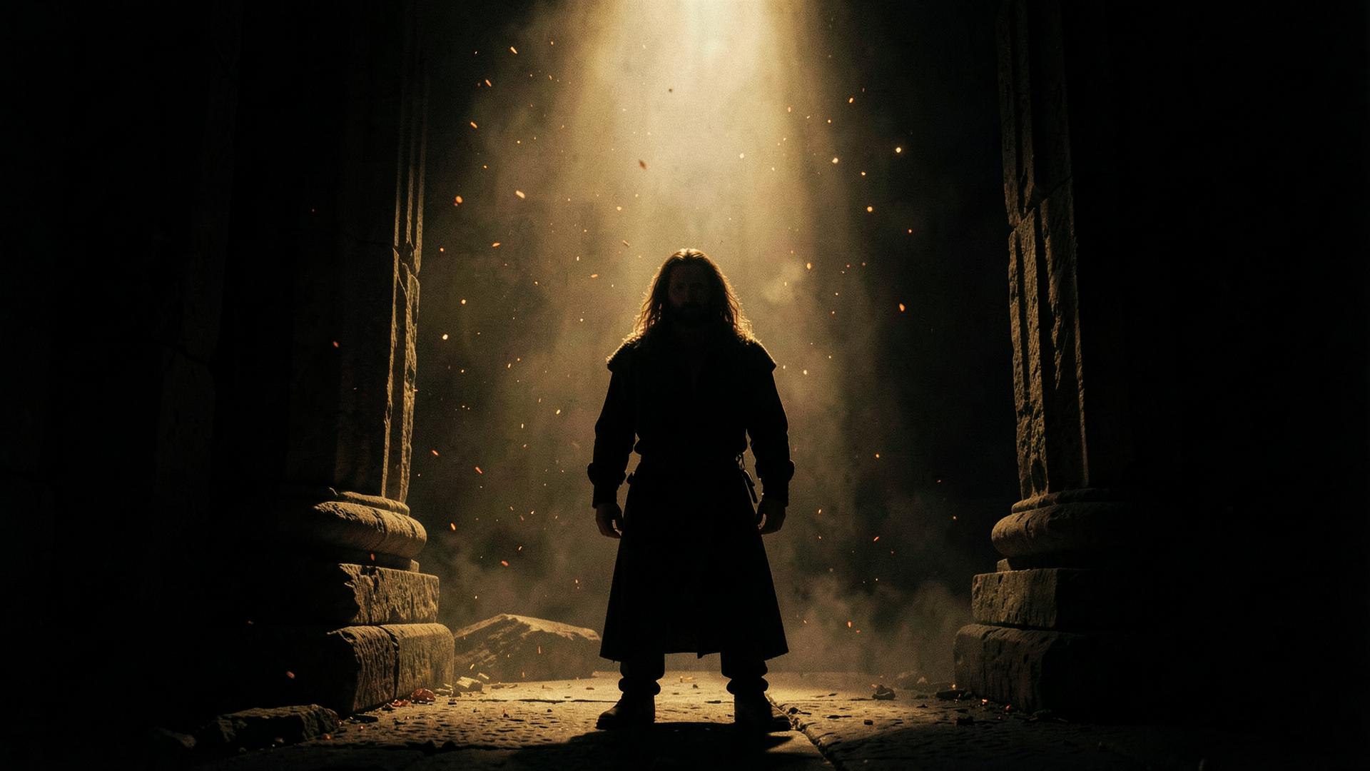 A powerful silhouetted figure stands between two massive stone pillars in a shaft of golden light