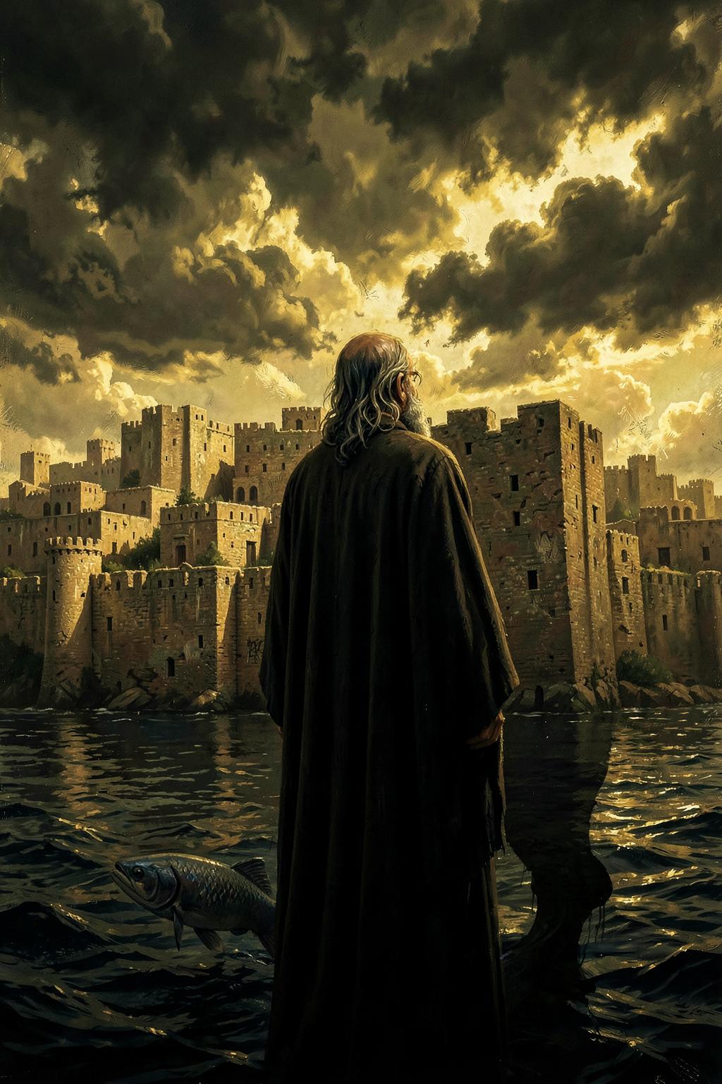Sixscore Thousand poster: a prophet faces a great walled city beneath a golden storm, a fish shadow beneath the water